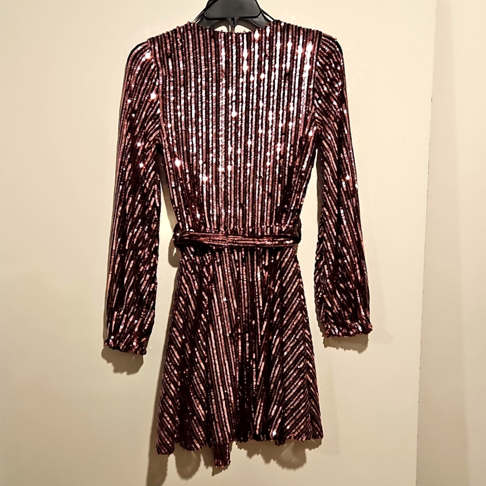 Bardot Stripe Pink Rose Colored Sequins Bellissa Dress Long Sleeve XS - Picture 13 of 13